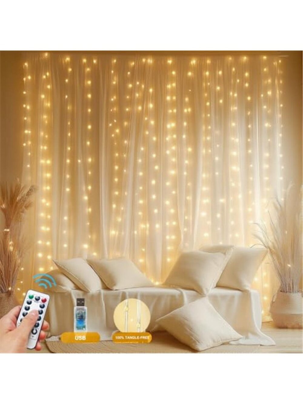 Fairy Curtain Lights Upgraded Tangle-Free Warm White USB Plug in 8 Modes String